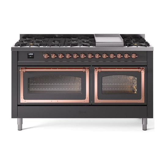 Ilve UN60FNMPMGPLP Ilve Un60Fnmpmgplp Nostalgie Ii Noblesse 60" Dual Fuel Range (9 Sealed Burners + Griddle, Liquid Propane, Triple Glass Door, Graphite Matte, Copper)