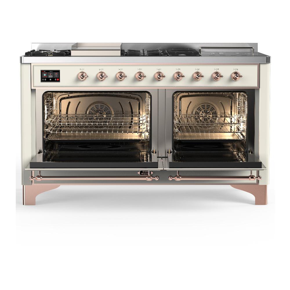Ilve UM60FSNR3AWPLP Ilve Um60Fsnr3Awplp Majestic Iii 60 Inch Dual Fuel Range With 7 Burners, Griddle And French Top, Dual Function Burner With Up To 25,000 Btu (Liquid Propane, Triple Glass Door, Antique White, Copper)