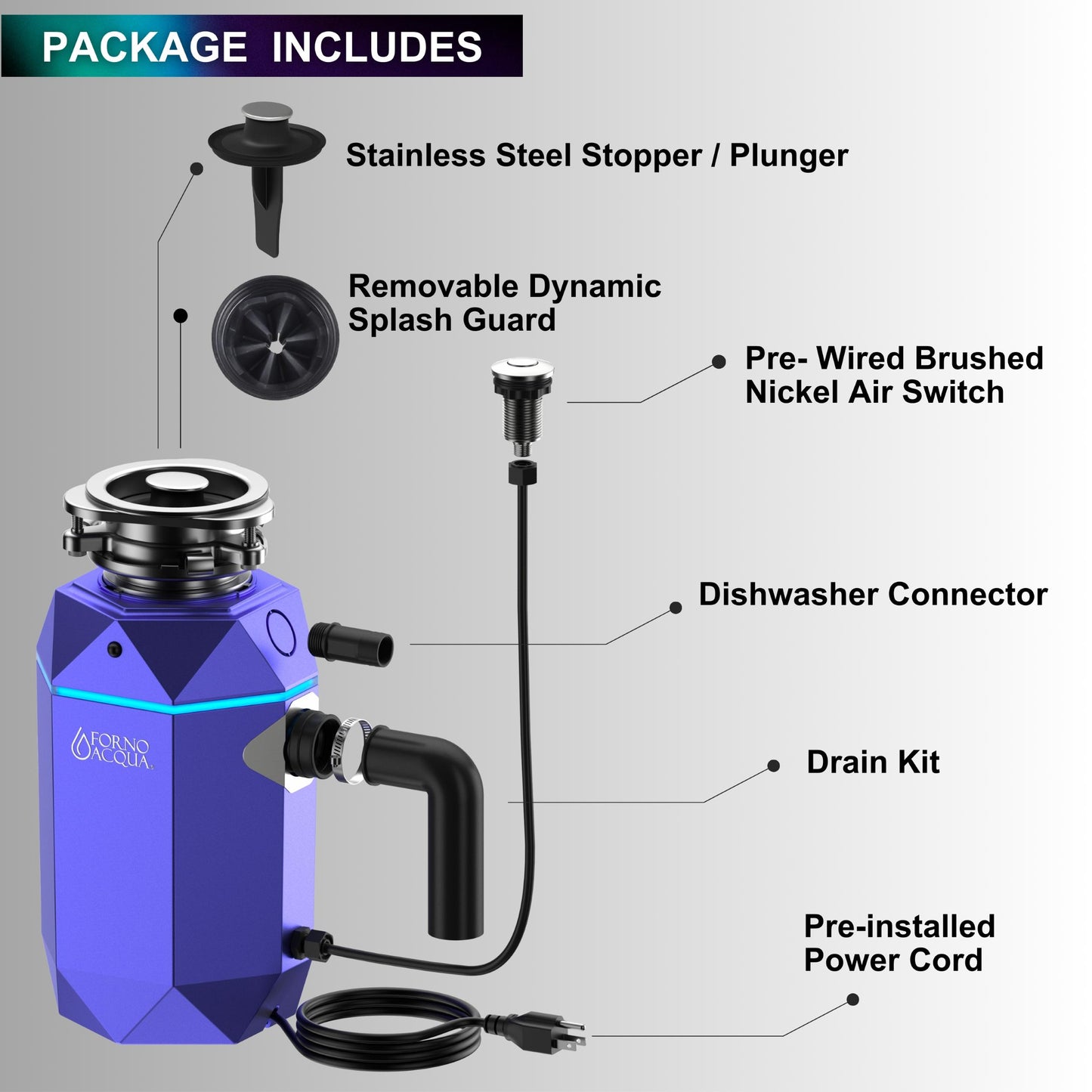 Forno WDD075TA1AM Forno Acqua Brightdiamond Amethyst 3/4Hp Super Quiet Garbage Disposal Corded With Motion Sensor Cabinet Light & Pre-Wired Air Switch