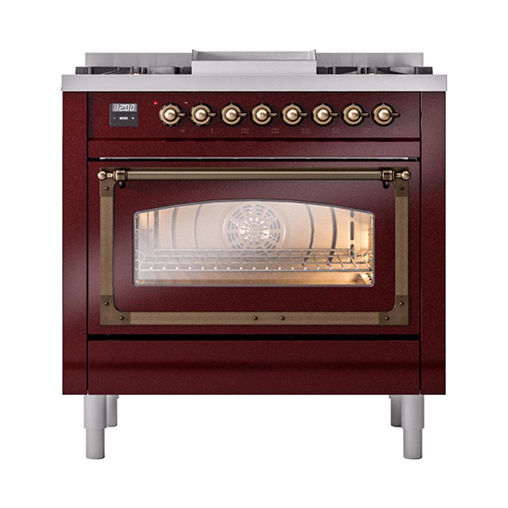 Ilve UN36FNMPBUBLP Ilve Un36Fnmpbublp Nostalgie Ii Noblesse 36" Dual Fuel Range (Liquid Propane, Triple Glass Door, Burgundy, Burnished)