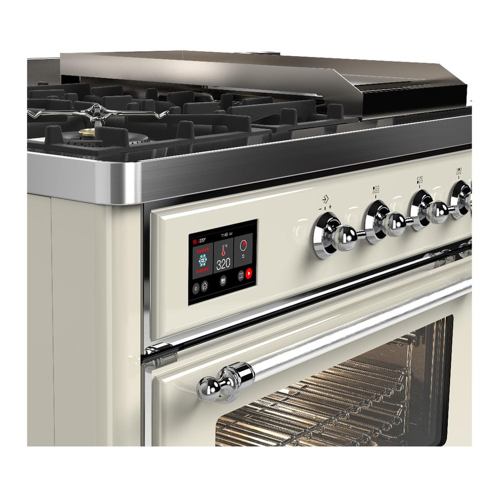 Ilve UM48FSNR3AWC Ilve Um48Fsnr3Awc Majestic Iii 48 Inch Dual Fuel Range With 5 Black Brass Burners, Griddle And French Top, Dual Function Burner Up To 25,000 Btu (Natural Gas, Triple Glass Door, Antique White, Chrome)