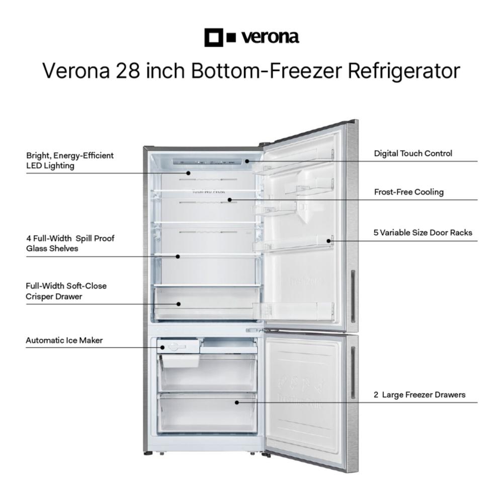 Verona VEFBF2814RSL Verona Vefbf2814Rsl 28 Inch Bottom Freezer Refrigerator With 14.8 Cu. Ft. Total Capacity, Recessed Handle, Reversible Doors, Ice Maker, Energy Star