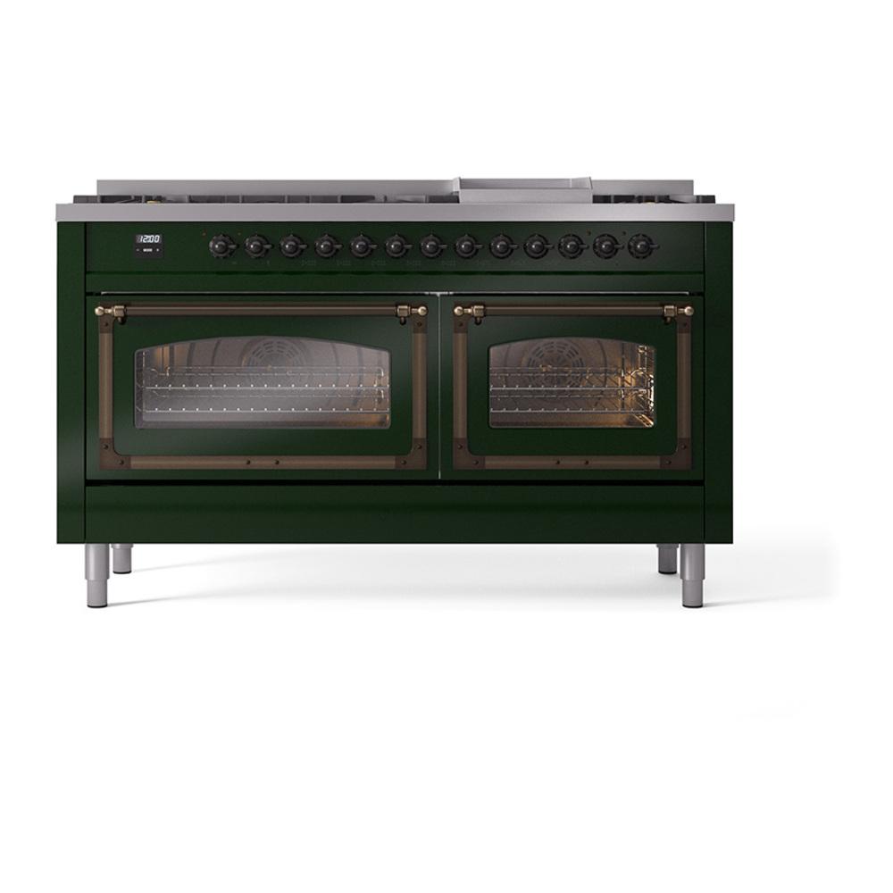 Ilve UN60FNMPEGBLP Ilve Un60Fnmpegblp Nostalgie Ii Noblesse 60" Dual Fuel Range (9 Sealed Burners + Griddle, Liquid Propane, Triple Glass Door, Emerald Green, Burnished)