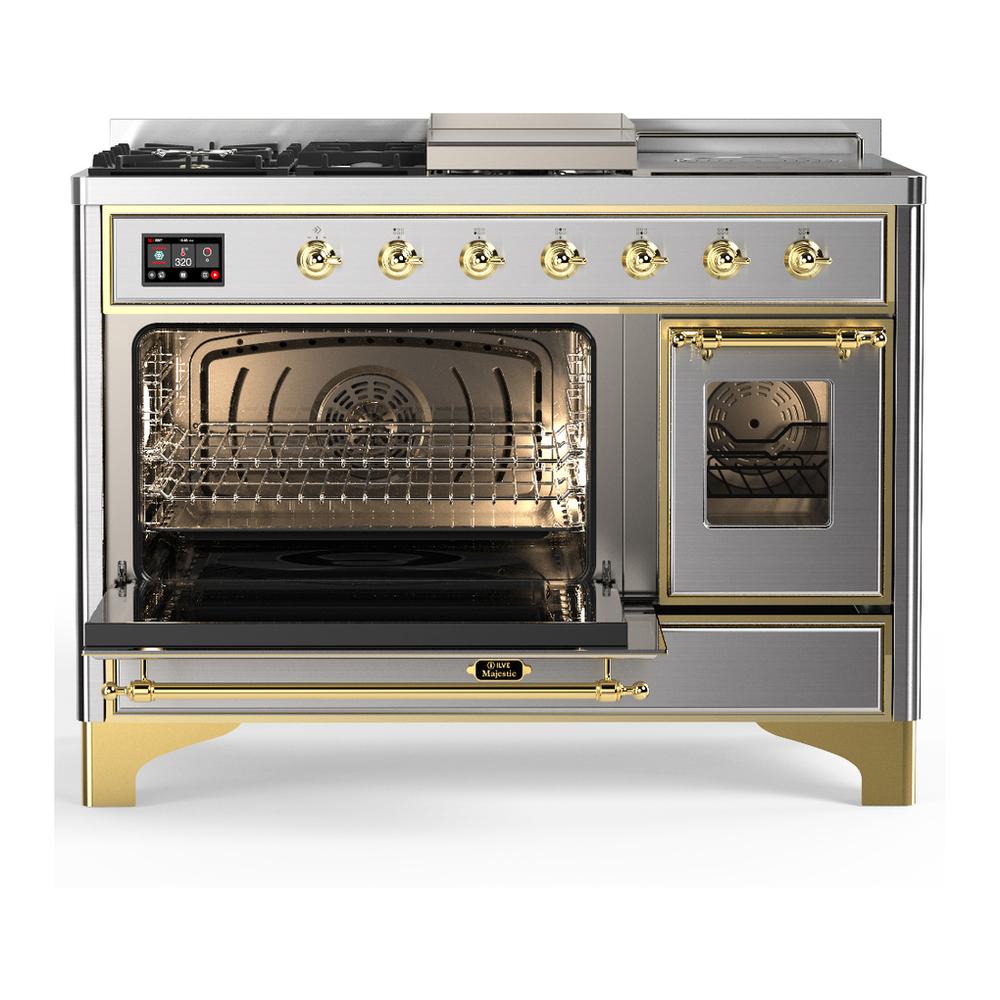 Ilve UM48FSNR3SSGLP Ilve Um48Fsnr3Ssglp Majestic Iii 48 Inch Dual Fuel Range With 5 Black Brass Burners, Griddle And French Top, Dual Function Burner Up To 25,000 Btu (Liquid Propane, Triple Glass Door, Stainless Steel, Brass)