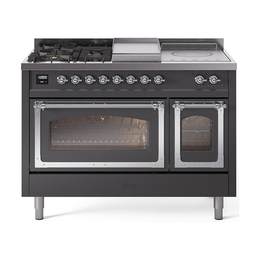 Ilve UN48FSNMPMGCLP Ilve Un48Fsnmpmgclp Nostalgie Ii Noblesse 48" Dual Fuel Range (5 Sealed Burners + Griddle + French Top, Liquid Propane, Triple Glass Door, Graphite Matte, Chrome)