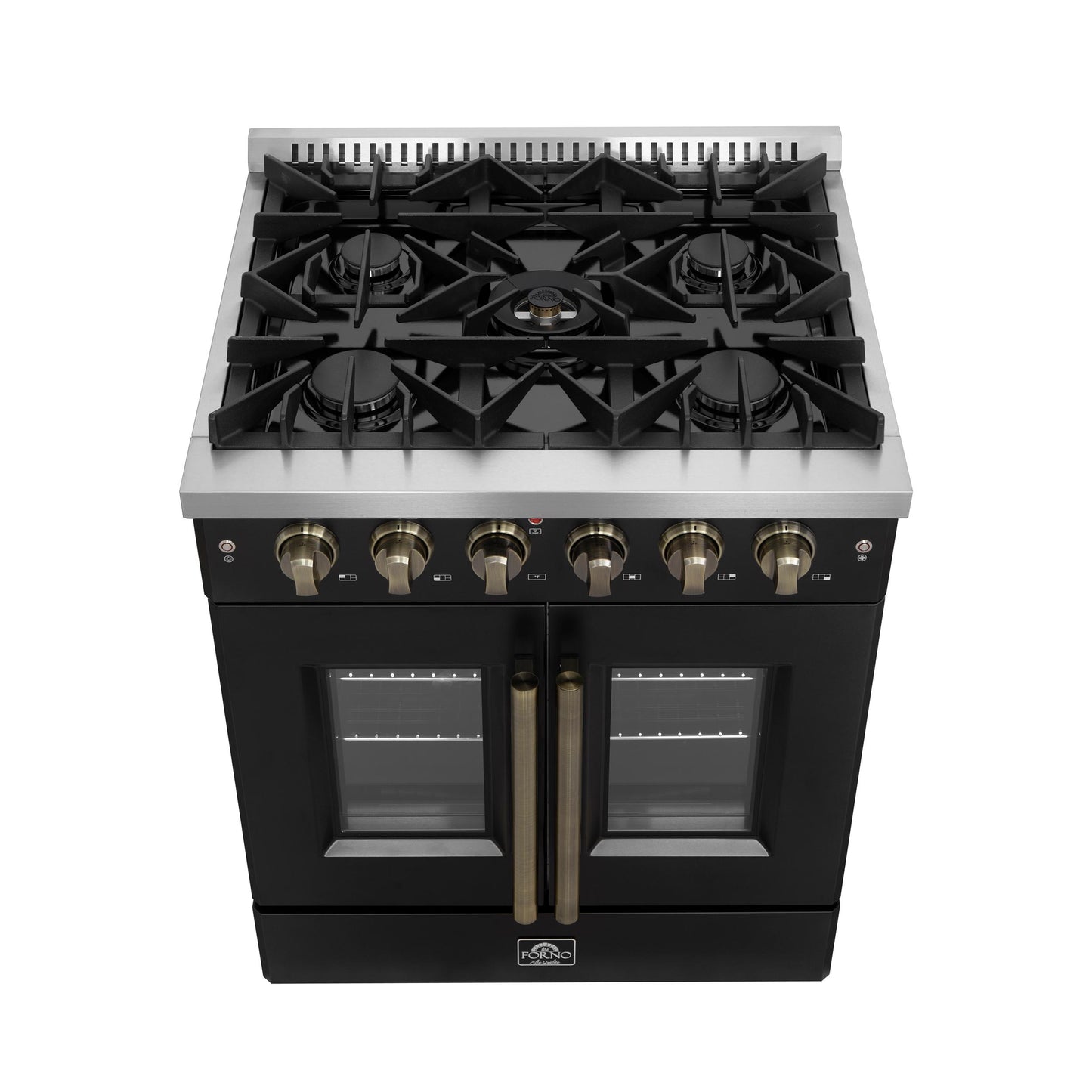Forno FFSGS644430BLK Forno Galiano 30-Inch French Door Gas Range Black And Antique Brass Design, 5 Sealed Burners 68,000 Btu, 4.32 Cu.Ft. Convection Oven