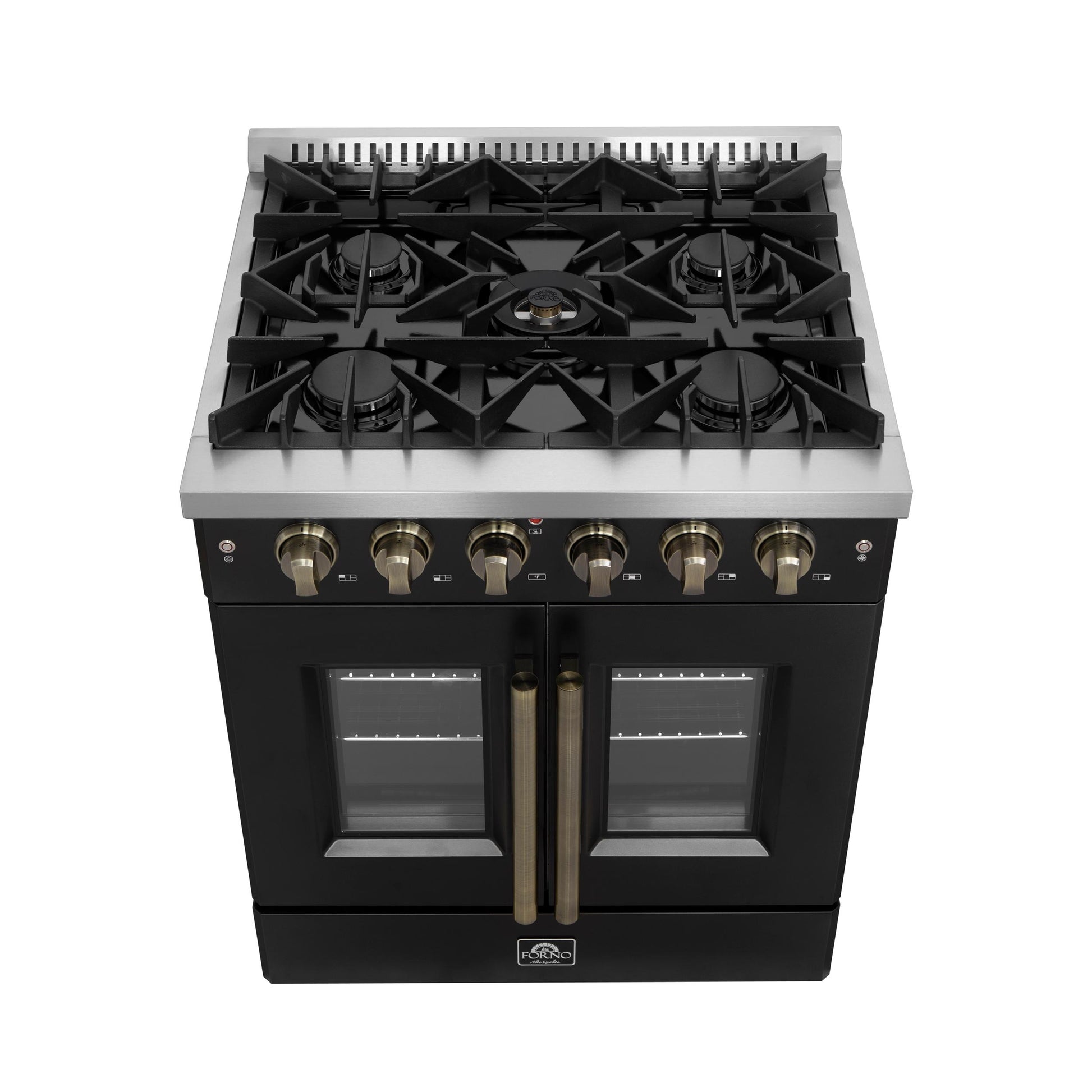 Forno FFSGS644430BLK Forno Galiano 30-Inch French Door Gas Range Black And Antique Brass Design, 5 Sealed Burners 68,000 Btu, 4.32 Cu.Ft. Convection Oven