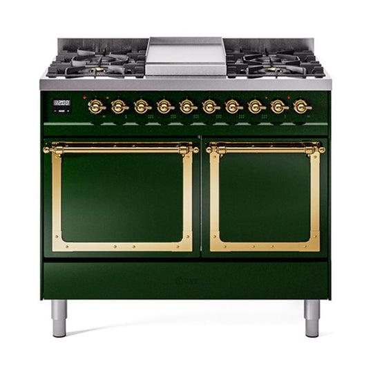 Ilve UND40FQNMPEGGLP Ilve Und40Fqnmpegglp Nostalgie Ii Noblesse 40" Dual Fuel Range (Liquid Propane, Solid Door, Emerald Green, Brass)