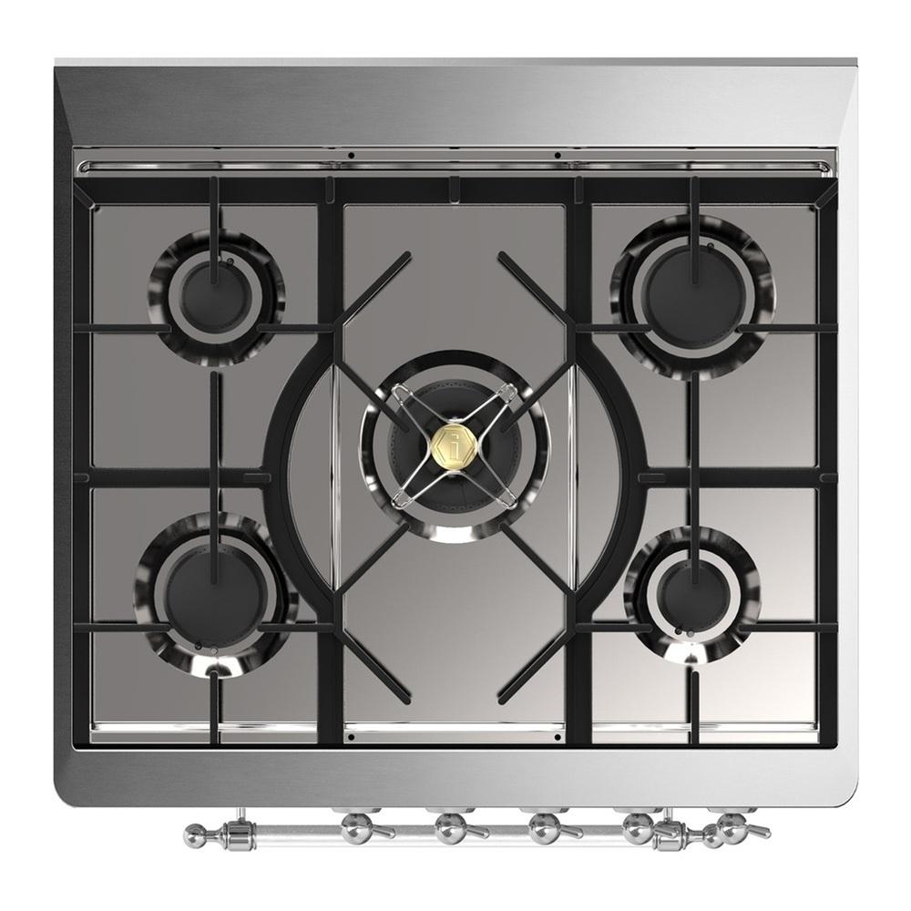 Ilve UM30NR3BGC Ilve Um30Nr3Bgc Majestic Iii 30 Inch Dual Fuel Range With 5 Black Brass Burners, Dual Function Burner Up To 25,000 Btu (Natural Gas, Triple Glass Door, Blue Grey, Chrome)