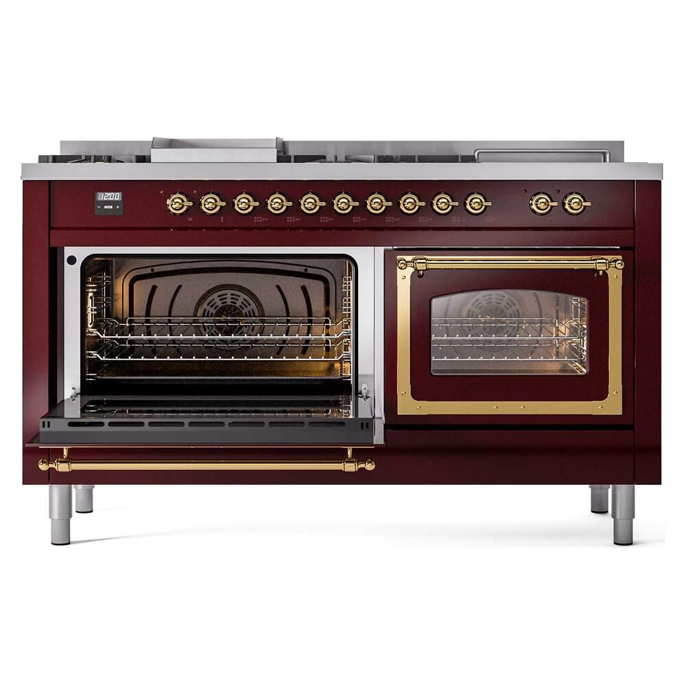 Ilve UN60FSNMPBUG Ilve Un60Fsnmpbug Nostalgie Ii Noblesse 60" Dual Fuel Range (7 Sealed Burners + Griddle + French Top, Natural Gas, Triple Glass Door, Burgundy, Brass)
