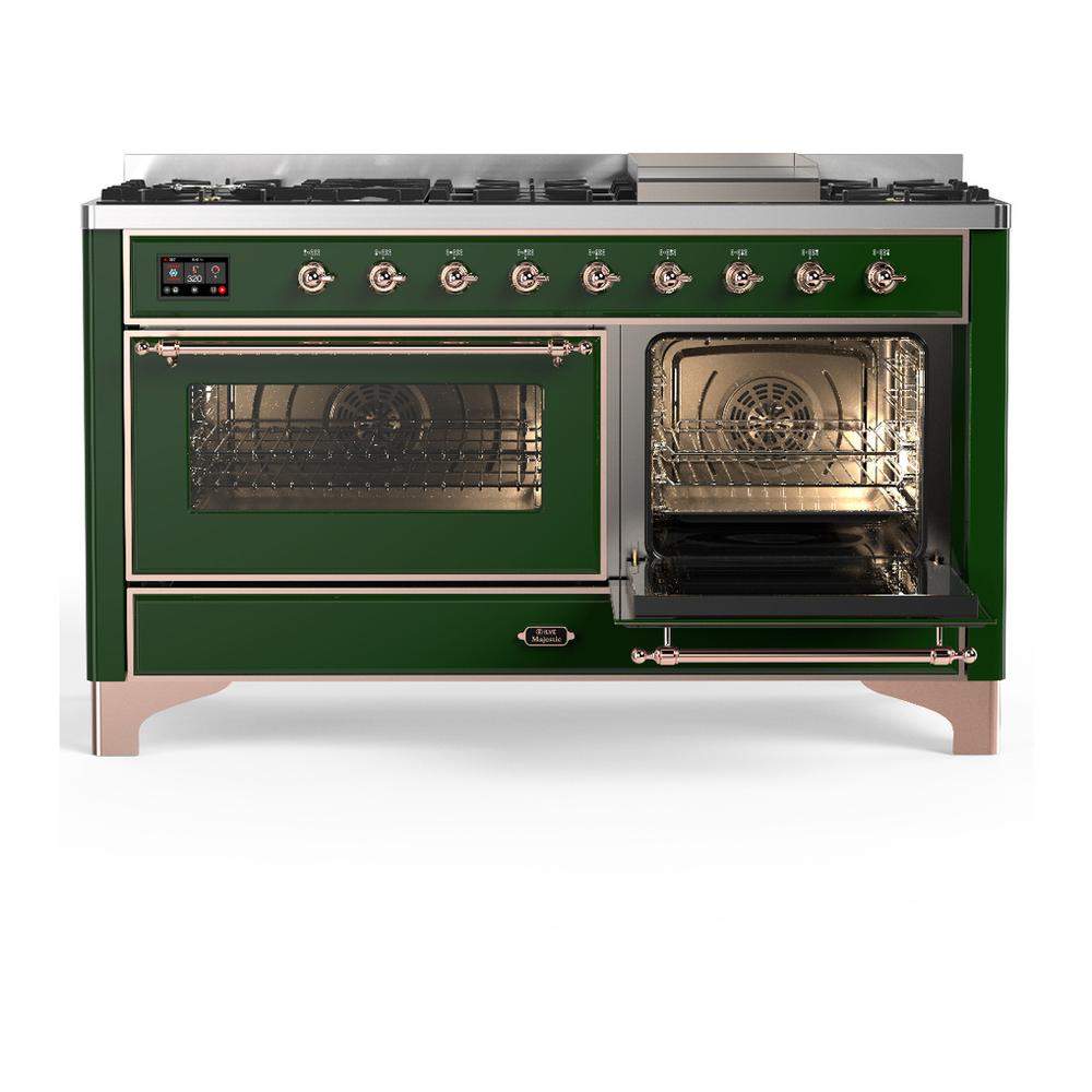 Ilve UM60FNR3EGP Ilve Um60Fnr3Egp Majestic Iii 60 Inch Dual Fuel Range With 9 Burners And Griddle, Dual Function Burner Up To 25,000 Btu (Natural Gas, Triple Glass Door, Emerald Green, Copper)