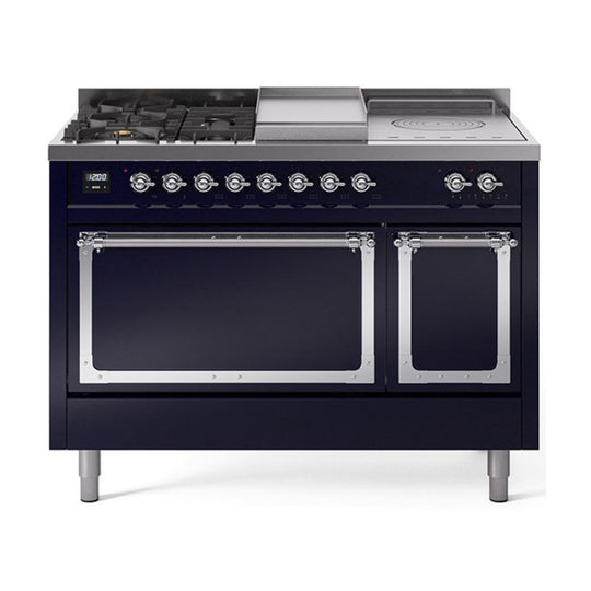 Ilve UN48FSQNMPMBCLP Ilve Un48Fsqnmpmbclp Nostalgie Ii Noblesse 48" Dual Fuel Range (5 Sealed Burners + Griddle + French Top, Liquid Propane, Solid Door, Midnight Blue, Chrome)