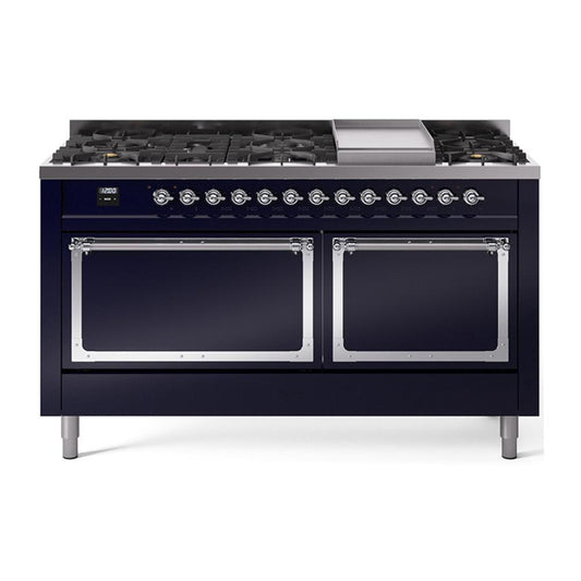 Ilve UN60FQNMPMBC Ilve Un60Fqnmpmbc Nostalgie Ii Noblesse 60" Dual Fuel Range (9 Sealed Burners + Griddle, Natural Gas, Solid Door, Midnight Blue, Chrome)