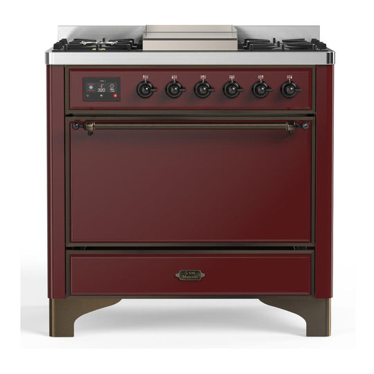 Ilve UM36FQNR3BUB Ilve Um36Fqnr3Bub Majestic Iii 36 Inch Dual Fuel Range With 6 Black Brass Burners And Griddle, Dual Function Burner Up To 25,000 Btu (Solid Door, Burgundy, Burnished, Natural Gas)
