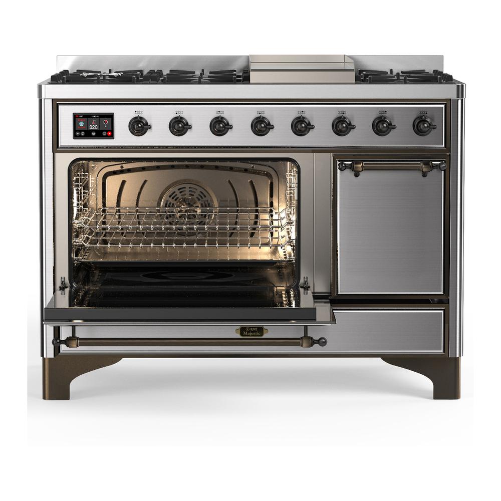 Ilve UM48FQNR3SSB Ilve Um48Fqnr3Ssb Majestic Iii 48 Inch Dual Fuel Range With 8 Burners And Griddle, Dual Function Burner Up To 25,000 Btu (Natural Gas, Solid Door, Stainless Steel, Burnished)