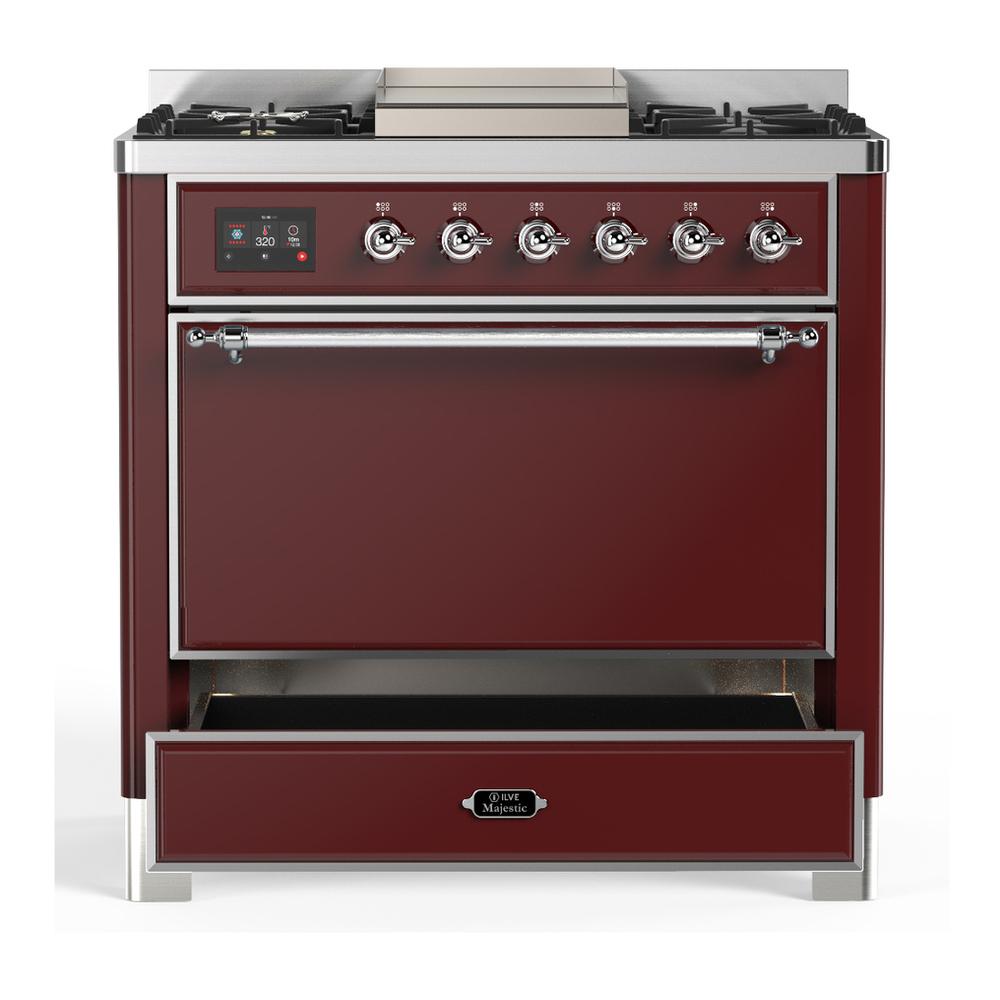 Ilve UM36FQNR3BUCLP Ilve Um36Fqnr3Buclp Majestic Iii 36 Inch Dual Fuel Range With 6 Black Brass Burners And Griddle, Dual Function Burner Up To 25,000 Btu (Solid Door, Burgundy, Chrome, Liquid Propane)