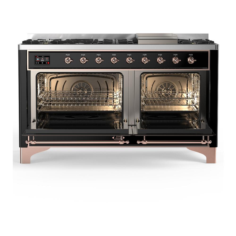 Ilve UM60FQNR3BKP Ilve Um60Fqnr3Bkp Majestic Iii 60 Inch Dual Fuel Range With 9 Burners And Griddle, Dual Function Burner Up To 25,000 Btu (Natural Gas, Solid Door, Glossy Black, Copper)