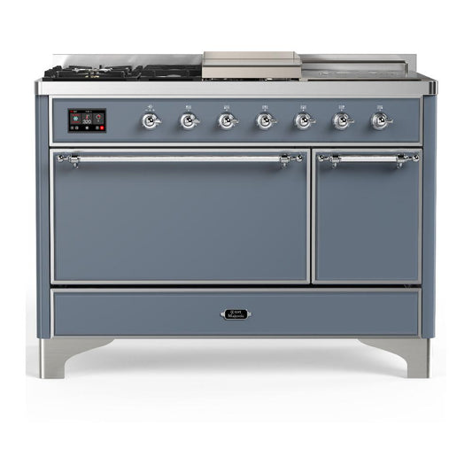 Ilve UM48FSQNR3BGCLP Ilve Um48Fsqnr3Bgclp Majestic Iii 48 Inch Dual Fuel Range With 5 Black Brass Burners, Griddle And French Top, Dual Function Burner Up To 25,000 Btu (Liquid Propane, Solid Door, Blue Grey, Chrome)
