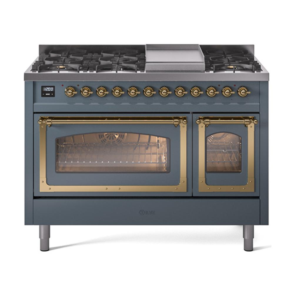 Ilve UN48FNMPBGGLP Ilve Un48Fnmpbgglp Nostalgie Ii Noblesse 48" Dual Fuel Range (8 Sealed Burners + Griddle, Liquid Propane, Triple Glass Door, Blue Grey, Brass)