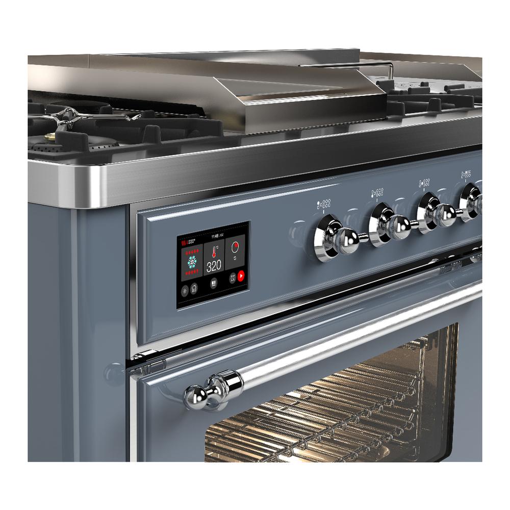 Ilve UM60FSNR3BGC Ilve Um60Fsnr3Bgc Majestic Iii 60 Inch Dual Fuel Range With 7 Burners, Griddle And French Top, Dual Function Burner With Up To 25,000 Btu (Natural Gas, Triple Glass Door, Blue Grey, Chrome)