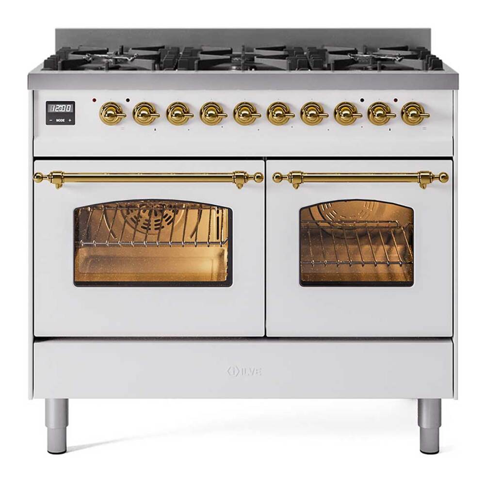Ilve UPD406NMPWHG Ilve Upd406Nmpwhg Nostalgie Ii 40 Inch Dual Fuel Range With 6 Total Black Brass Burners (Limited Edition) (Natural Gas, White)