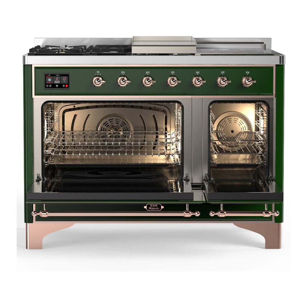 Ilve UM48FSNR3EGP Ilve Um48Fsnr3Egp Majestic Iii 48 Inch Dual Fuel Range With 5 Black Brass Burners, Griddle And French Top, Dual Function Burner Up To 25,000 Btu (Natural Gas, Triple Glass Door, Emerald Green, Copper)
