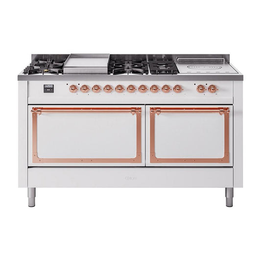 Ilve UN60FSQNMPWHPLP Ilve Un60Fsqnmpwhplp Nostalgie Ii Noblesse 60" Dual Fuel Range (7 Sealed Burners + Griddle + French Top, Liquid Propane, Solid Door, White, Copper)