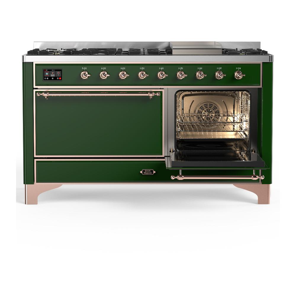 Ilve UM60FQNR3EGP Ilve Um60Fqnr3Egp Majestic Iii 60 Inch Dual Fuel Range With 9 Burners And Griddle, Dual Function Burner Up To 25,000 Btu (Natural Gas, Solid Door, Emerald Green, Copper)