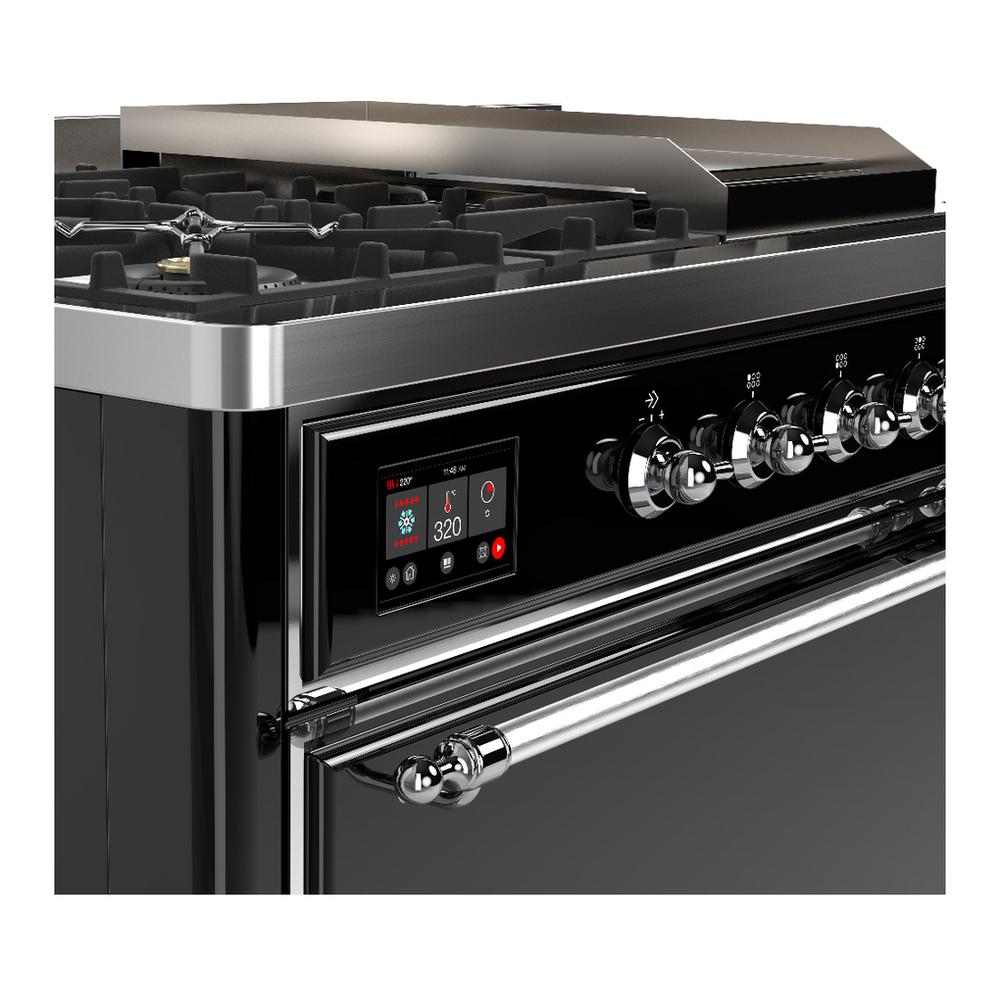 Ilve UM48FSQNR3BKC Ilve Um48Fsqnr3Bkc Majestic Iii 48 Inch Dual Fuel Range With 5 Black Brass Burners, Griddle And French Top, Dual Function Burner Up To 25,000 Btu (Natural Gas, Solid Door, Glossy Black, Chrome)