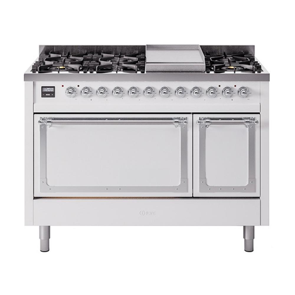 Ilve UN48FQNMPWHCLP Ilve Un48Fqnmpwhclp Nostalgie Ii Noblesse 48" Dual Fuel Range (8 Sealed Burners + Griddle, Liquid Propane, Solid Door, White, Chrome)