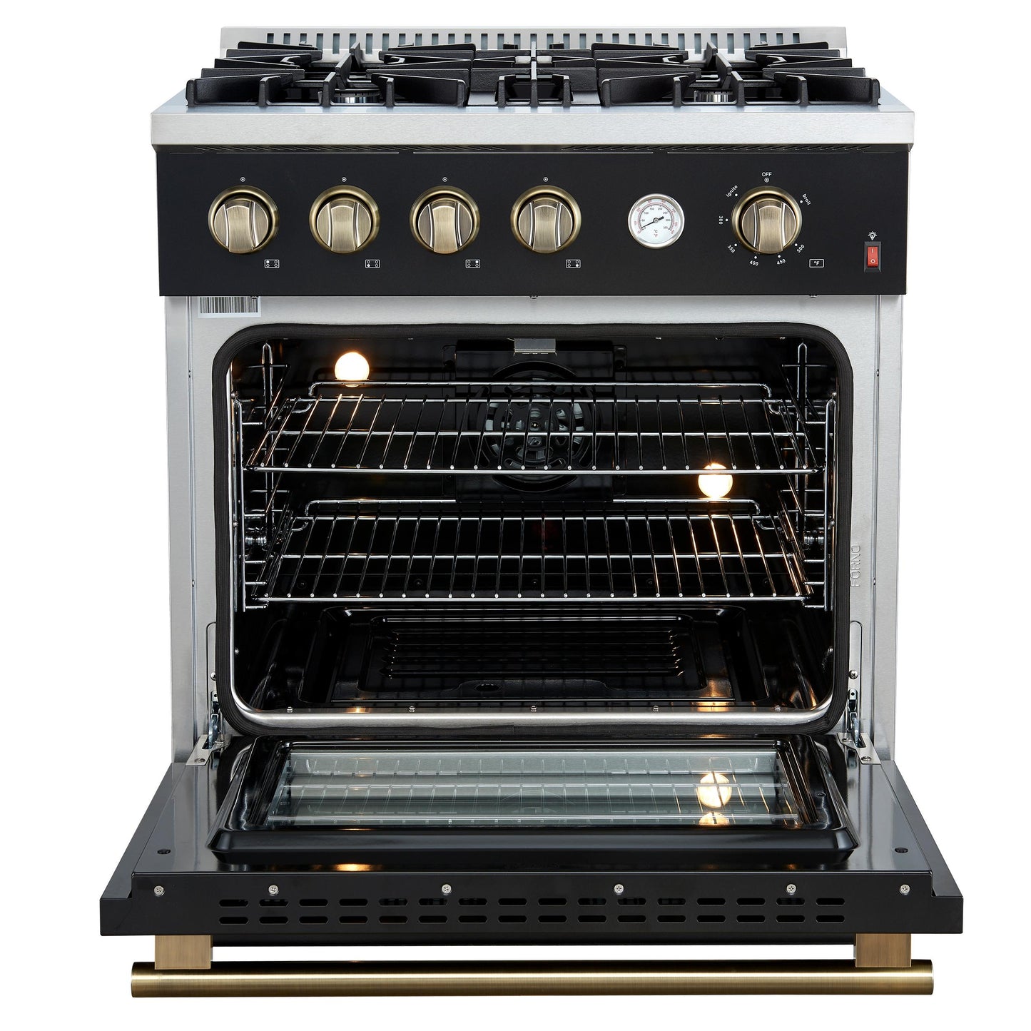 Forno FFSGS627730BLK Marco 30-Inch Gas Range Black & Antique Brass Design, 4 Burners 37,000 Btu, 4.32 Cu.Ft. Convection Oven