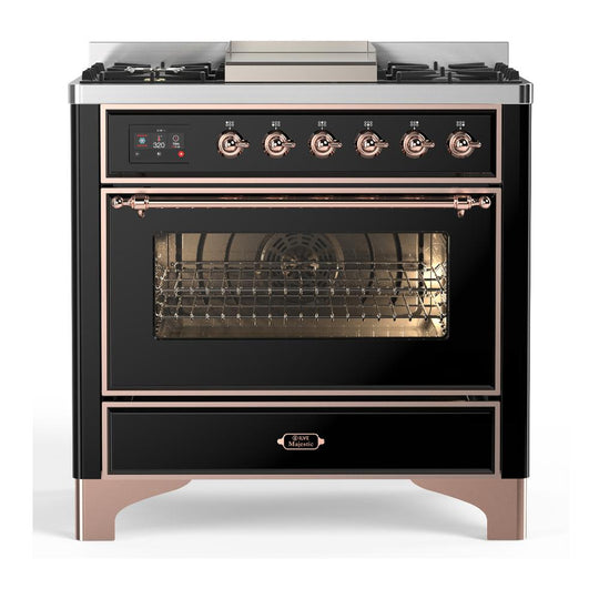 Ilve UM36FNR3BKPLP Ilve Um36Fnr3Bkplp Majestic Iii 36 Inch Dual Fuel Range With 6 Black Brass Burners And Griddle, Dual Function Burner Up To 25,000 Btu (Triple Glass Door, Glossy Black, Copper, Liquid Propane)