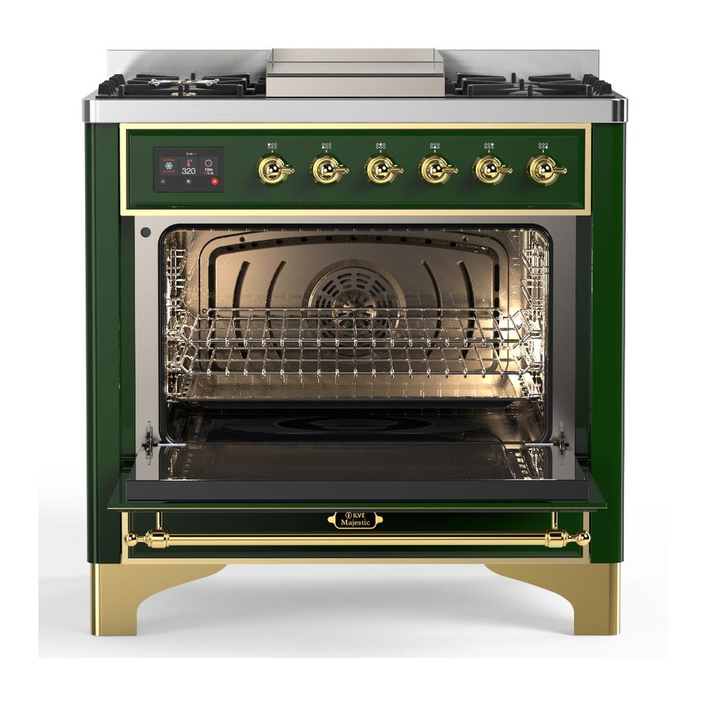 Ilve UM36FQNR3EGGLP Ilve Um36Fqnr3Egglp Majestic Iii 36 Inch Dual Fuel Range With 6 Black Brass Burners And Griddle, Dual Function Burner Up To 25,000 Btu (Solid Door, Emerald Green, Brass, Liquid Propane)