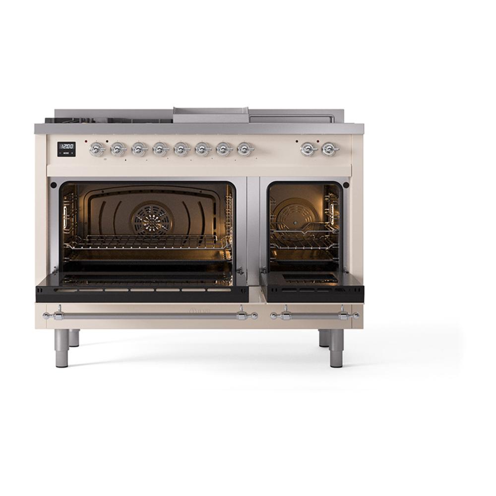Ilve UN48FSQNMPAWCLP Ilve Un48Fsqnmpawclp Nostalgie Ii Noblesse 48" Dual Fuel Range (5 Sealed Burners + Griddle + French Top, Liquid Propane, Solid Door, Antique White, Chrome)