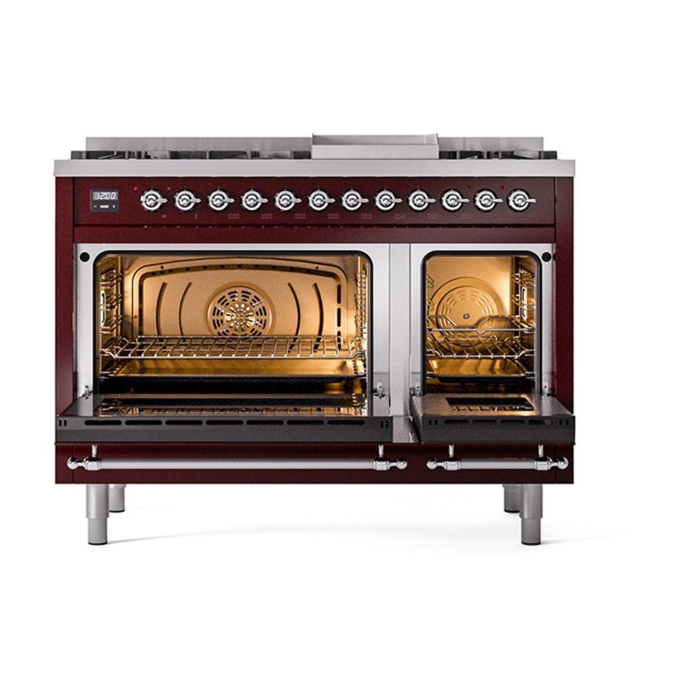 Ilve UN48FQNMPBUC Ilve Un48Fqnmpbuc Nostalgie Ii Noblesse 48" Dual Fuel Range (8 Sealed Burners + Griddle, Natural Gas, Solid Door, Burgundy, Chrome)