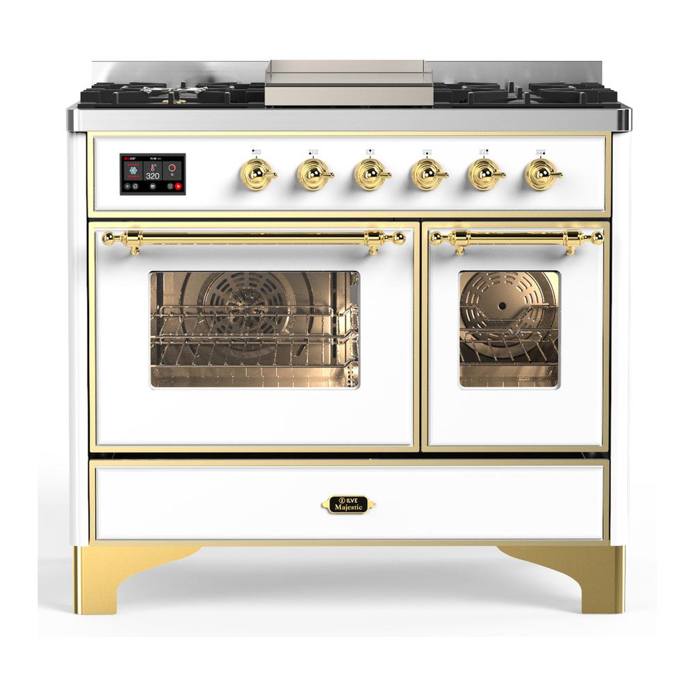 Ilve UMD40FNR3WHG Ilve Umd40Fnr3Whg Majestic Iii 40 Inch Dual Fuel Range With 6 Burners And Griddle, Dual Function Burner Up To 25,000 Btu (Natural Gas, Triple Glass Door, White, Brass)