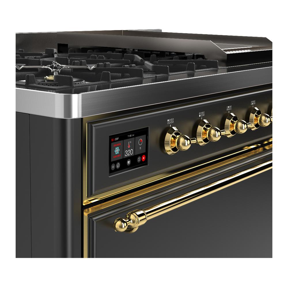 Ilve UM48FQNR3MGGLP Ilve Um48Fqnr3Mgglp Majestic Iii 48 Inch Dual Fuel Range With 8 Burners And Griddle, Dual Function Burner Up To 25,000 Btu (Liquid Propane, Solid Door, Graphite Matte, Brass)