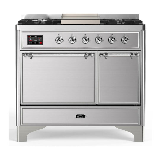 Ilve UMD40FQNR3SSC Ilve Umd40Fqnr3Ssc Majestic Iii 40 Inch Dual Fuel Range With 6 Burners And Griddle, Dual Function Burner Up To 25,000 Btu (Natural Gas, Solid Door, Stainless Steel, Chrome)