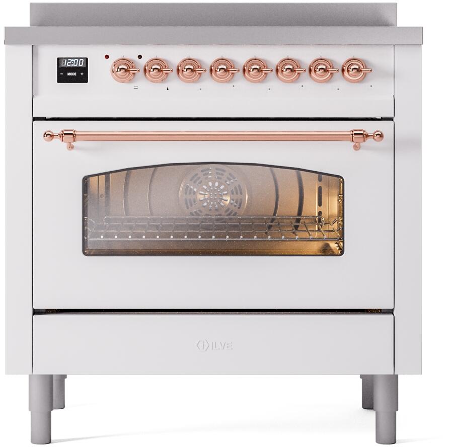 Ilve UPI366NMPWHP Nostalgie Ii 36 Inch Electric Freestanding Range In White With Copper Trim