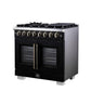 Forno FFSGS638736BLK Forno Capriasca 36 Inch Freestanding French Door Dual Fuel Range In Black With Antique Brass Accessories, 6 Burners, True Convection Oven