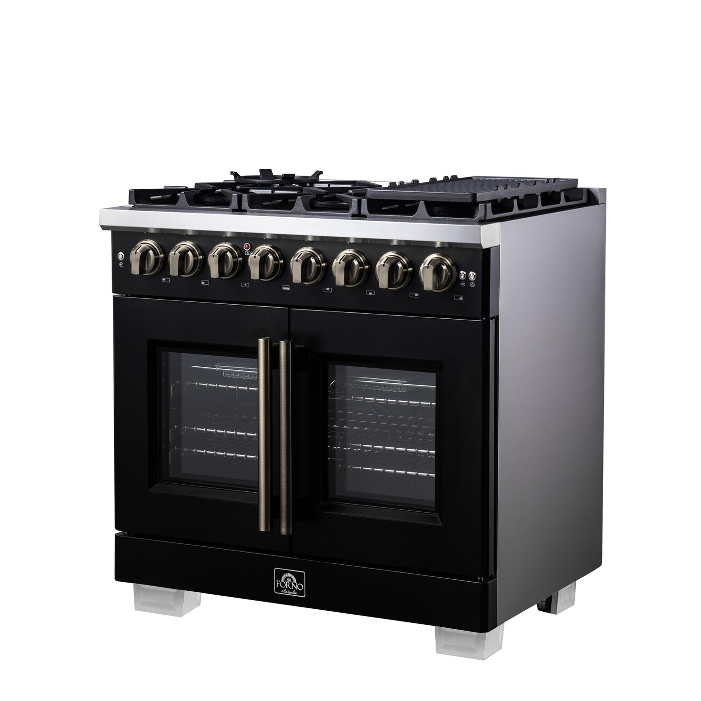 Forno FFSGS638736BLK Forno Capriasca 36 Inch Freestanding French Door Dual Fuel Range In Black With Antique Brass Accessories, 6 Burners, True Convection Oven