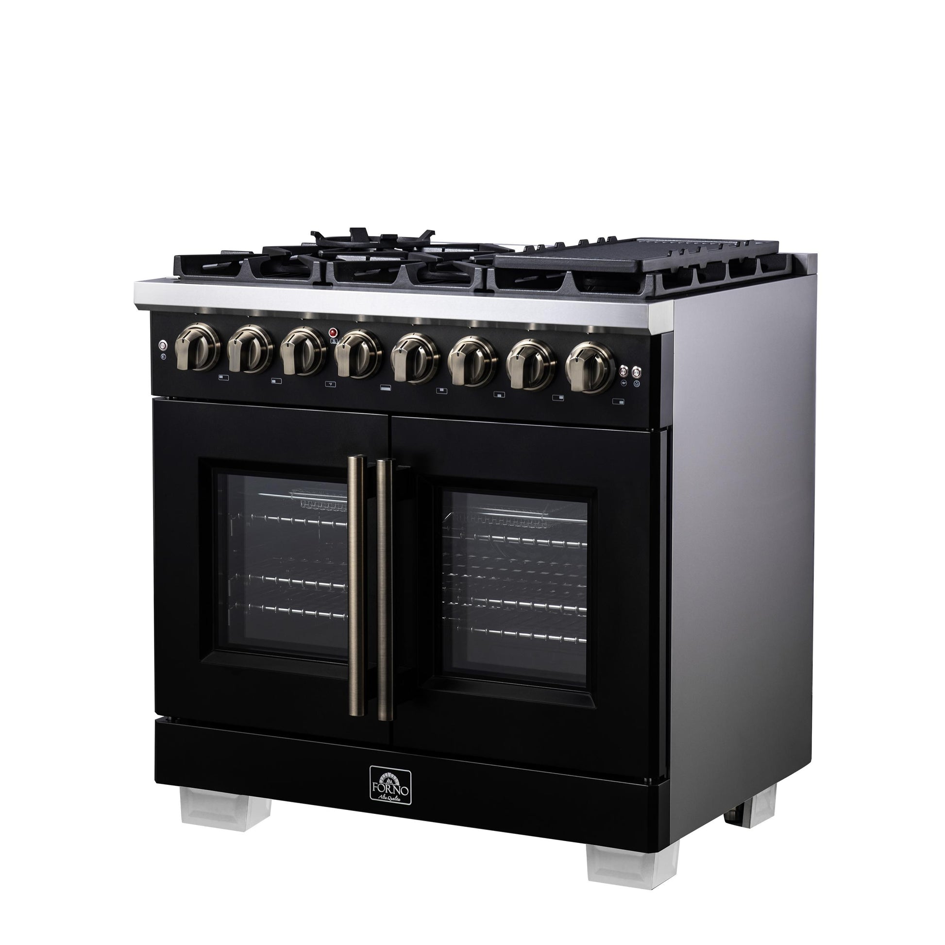 Forno FFSGS638736BLK Forno Capriasca 36 Inch Freestanding French Door Dual Fuel Range In Black With Antique Brass Accessories, 6 Burners, True Convection Oven