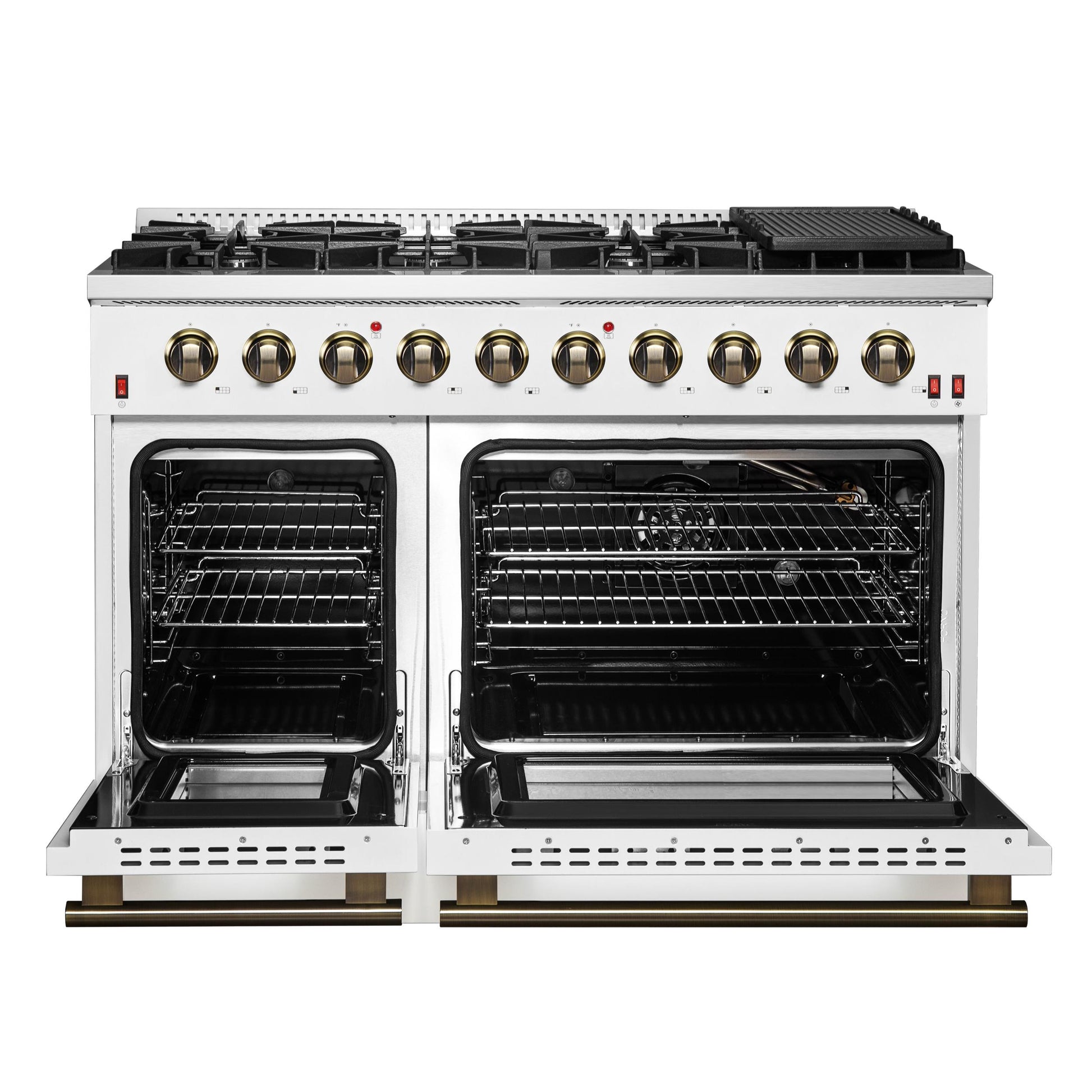 Forno FFSGS624448WHT Forno Galiano 48-Inch Gas Range White & Antique Brass Design, 8 Burners, 107,000 Btu, Griddle, 6.58 Cu.Ft. Double Ovens