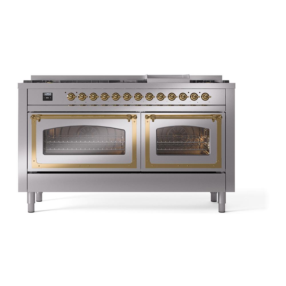 Ilve UN60FNMPSSG Ilve Un60Fnmpssg Nostalgie Ii Noblesse 60" Dual Fuel Range (9 Sealed Burners + Griddle, Natural Gas, Triple Glass Door, Stainless Steel, Brass)