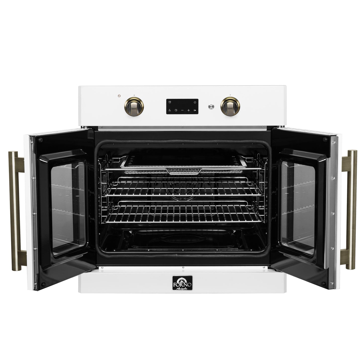 Forno FBOEL133330WHT Forno Asti 30-Inch French Door Electric Wall Oven In White & Antique Brass, 3.68 Cu. Ft. True Convection, 3,600W, Air Fry, Sous Vide, Self-Clean