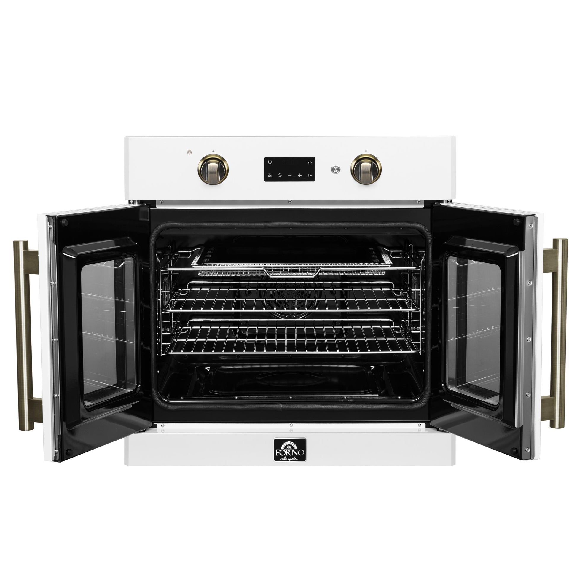 Forno FBOEL133330WHT Forno Asti 30-Inch French Door Electric Wall Oven In White & Antique Brass, 3.68 Cu. Ft. True Convection, 3,600W, Air Fry, Sous Vide, Self-Clean