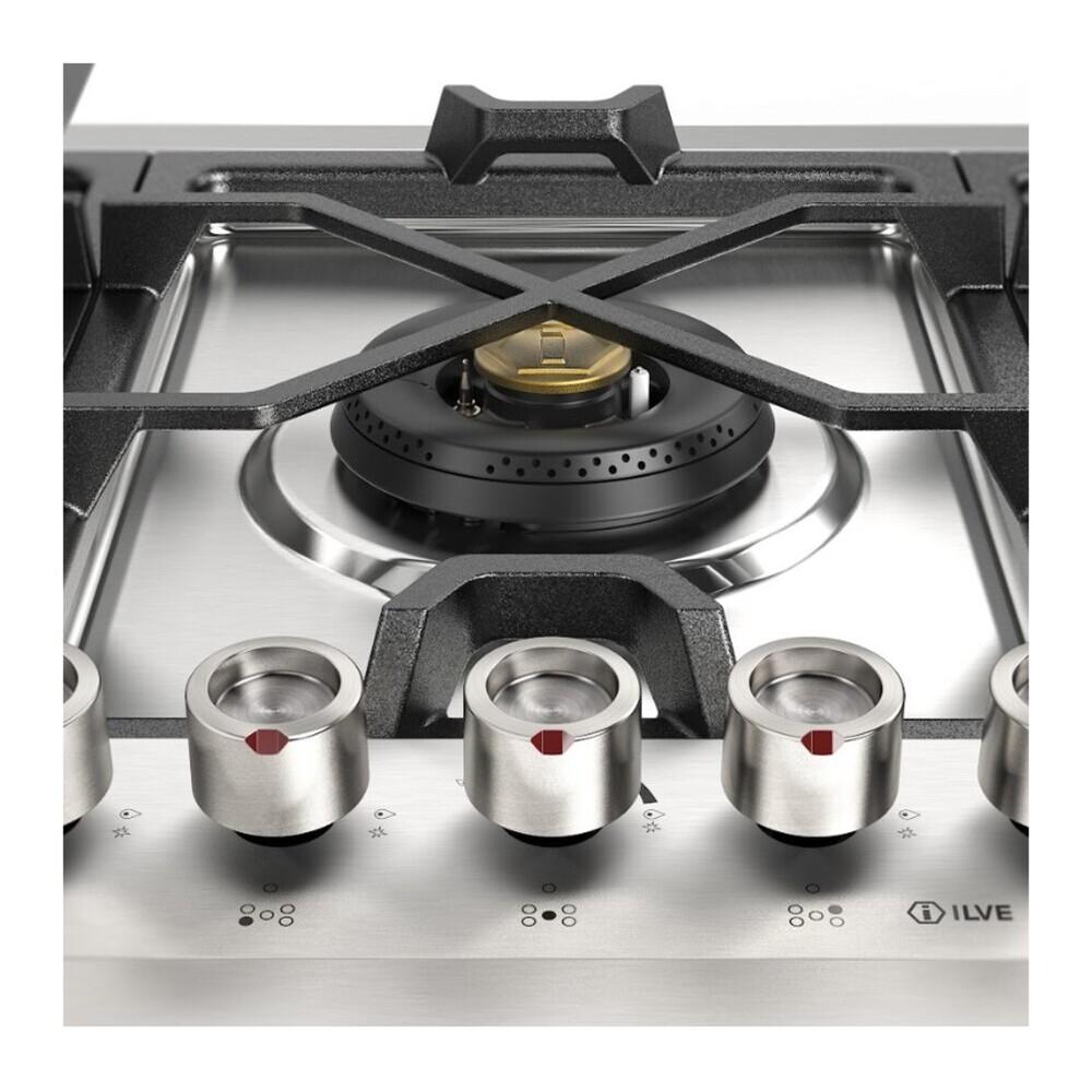 Ilve UHCPMT125FSSLP Ilve Uhcpmt125Fsslp Panoramagic 48 Inch Built-In Gas Cooktop With Total Black Brass Burners, In Stainless Steel (6 Sealed Burners + Left Griddle, Liquid Propane)