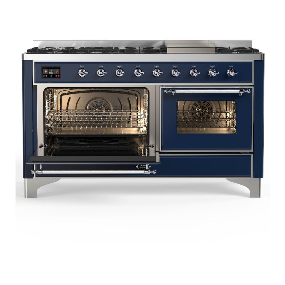 Ilve UM60FNR3MBCLP Ilve Um60Fnr3Mbclp Majestic Iii 60 Inch Dual Fuel Range With 9 Burners And Griddle, Dual Function Burner Up To 25,000 Btu (Liquid Propane, Triple Glass Door, Midnight Blue, Chrome)