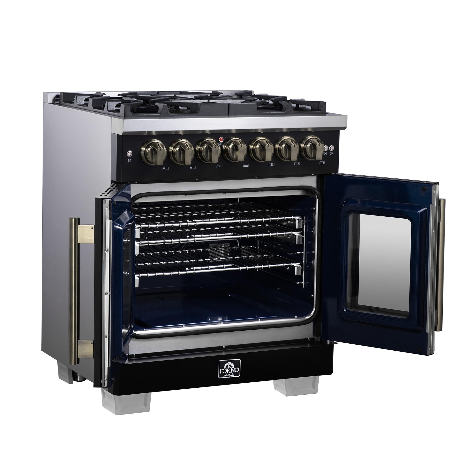 Forno FFSGS638730BLK Forno Capriasca 30-Inch Freestanding French Door Dual Fuel Range In Black With Antique Brass Accessories, 5 Burners, True Convection Oven