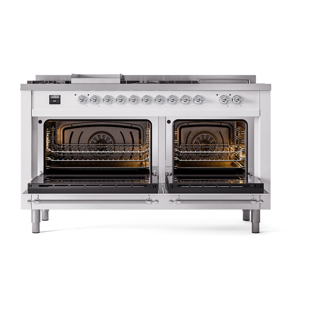 Ilve UN60FSNMPWHCLP Ilve Un60Fsnmpwhclp Nostalgie Ii Noblesse 60" Dual Fuel Range (7 Sealed Burners + Griddle + French Top, Liquid Propane, Triple Glass Door, White, Chrome)